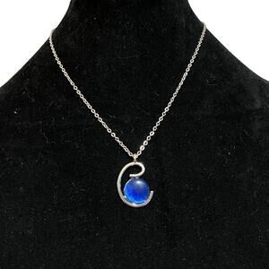Vintage Silver-Tone Swirl Pendant Necklace Blue Cabochon Stone